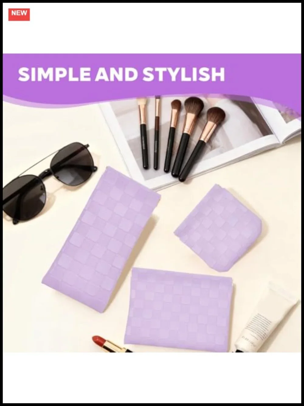3pc Leather Cosmetic Bags Set Checkered Snap Closure Travel Organizer Pouch